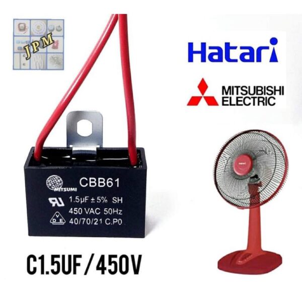 คาปาซิเตอร์พัดลม 1.5uf/450v ฮาตาริ มิตซู cap อะไหล่พัดลมHATARI  capacitorพัดลม 12"