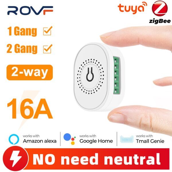 Rovf โมดูลสวิตช์ไฟอัจฉริยะ 1/2 Gang 16A Tuya ZigBee 2 ทาง ขนาดเล็ก สําหรับ Alexa Google Home