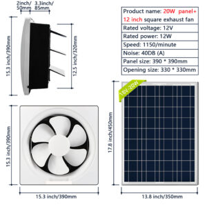 ชุดพัดลมแผงโซลาร์เซลล์ 20W พัดลมไหลเวียนอากาศสูง 12 นิ้ว พร้อมสวิตช์ สําหรับท่อไอเสีย และระบายอากาศไก่ ขนาดเล็ก เรือนกระจก ห้องใต้หลังคา บ้านสัตว์เลี้ยง และหน้าต่าง