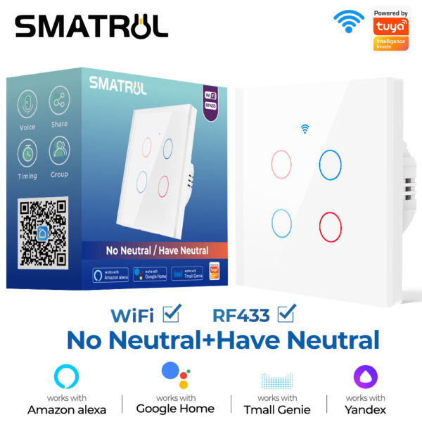 SMATRUL tuya Wifi + RF433 Wall Touch Switch สวิตช์อัจฉริยะ ไม่ใช้สายนิลทรัล(N) สั่งงานผ่านมือถือ Google