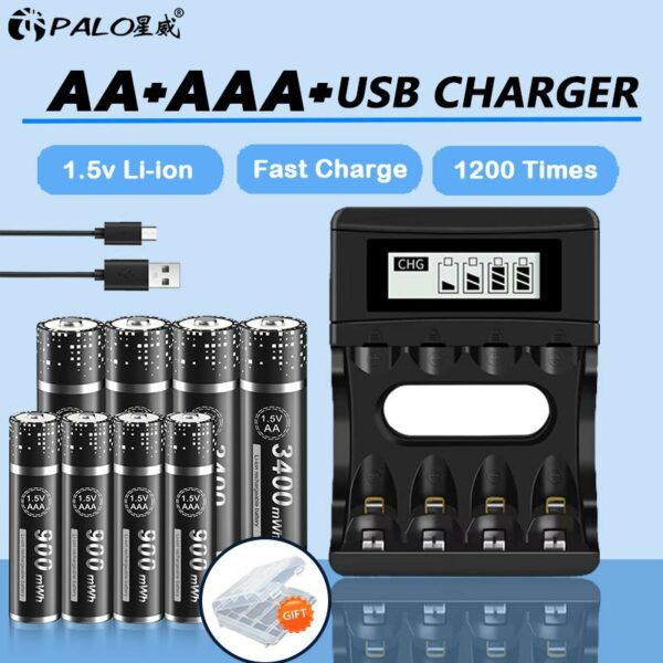 Palo เครื่องชาร์จแบตเตอรี่ลิเธียม AA AAA Li-ion 4 ช่อง 1.5V ชาร์จ USB