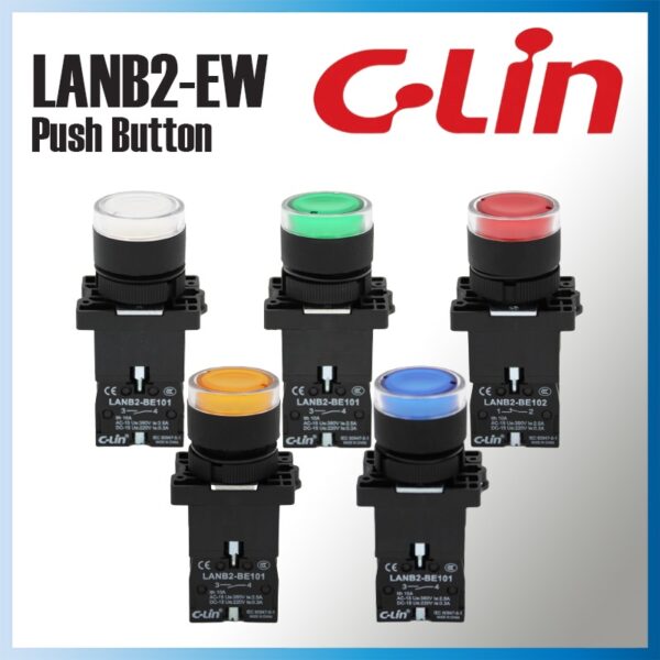 LANB2-EW สวิตช์ปุ่มกด มีไฟโชว์ กดติดปล่อยดับ Push Button Switch 22mm.ไฟ 24VAC/DC กับ 220VAC/DC "C-LIN"