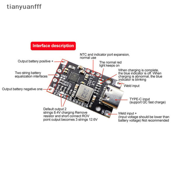 Tianyuanfff โมดูลชาร์จลิเธียม 3.7V Type-C USB พร้อมไฟแสดงสถานะ