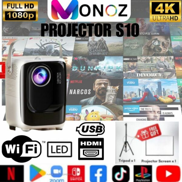 （จัดส่งฟรี）Monoz (รุ่นใหม่ 2023)Projector S10 มินิโปรเจคเตอร์โฮมเธียเตอร์ Android Smart TV Micro Projector แบบพกพา