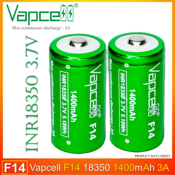 [หัวนูน]  Vapcell ถ่านชาร์จ F14 18350 3.7V 1400 mAh  3A  แบตเตอรี่ลิเธียมไอออนแบบชาร์จไฟได้ สำหรับไฟฉาย LED