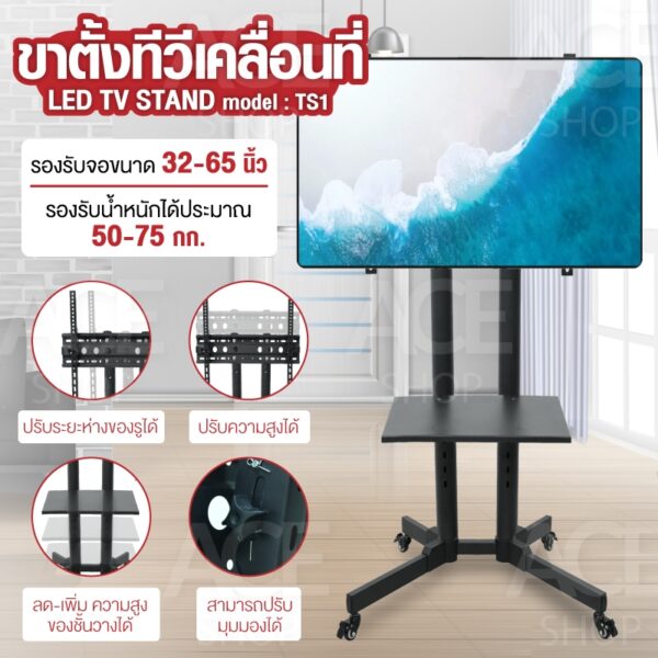 TV Stand ขาตั้งทีวี แบบเคลื่อนที่ได้ พร้อมชั้นวาง (รองรับจอขนาด 32-65 นิ้ว) รุ่น TS1