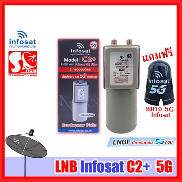 LNBF หัวจาน INFOSAT รุ่น C2+ ระบบ C-Band ตัดสัญญาณรบกวน 5G (ไม่มีสกาล่าริง) เฉพาะหัว LNB หัว 5G C2+ Infosat + หมวก 5G