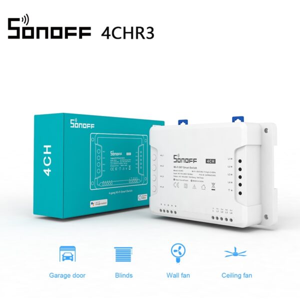 Sonoff 4CHR3 Wifi สวิตช์อัจฉริยะ 4Gang นิ้ว / ล็อคตัวเอง / อุปกรณ์ควบคุมระยะไกล RF ไร้สาย แบบล็อคอินเตอร์ล็อค สําหรับ DIY Smart Home