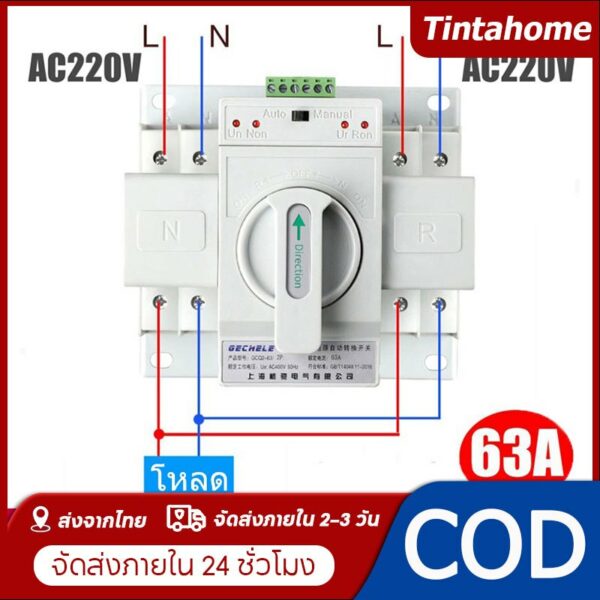 ATS Automatic Transfer Switch สวิตซ์สลับไฟ สลับไฟ แหล่งจ่าย อัตโนมัติ 2P 63A 230V MCB Type Dual Power GCDQCN GCQ4