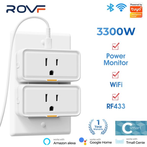 Rovf ปลั๊กซ็อกเก็ตอัจฉริยะ WiFi 20A 16A 10A ควบคุมด้วยเสียง สําหรับบ้าน