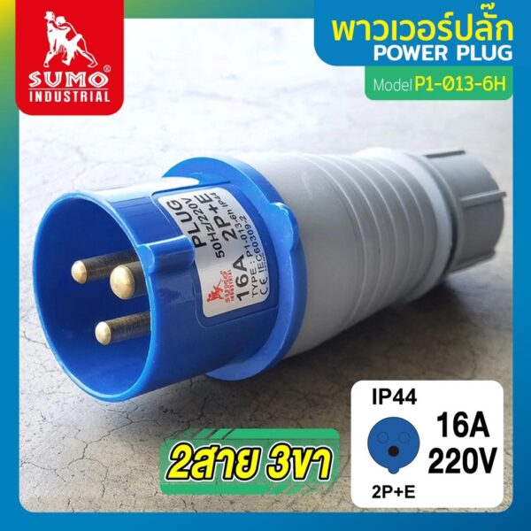 พาวเวอร์ปลั๊ก 2สาย 3ขา 16A รุ่น P1-013-6h (ตัวผู้) SUMO