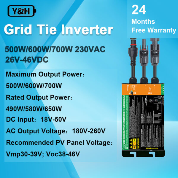 Y&H 500W/600W/700W Solar Grid Tie Inverter MPPT Pure Sine Wave DC26-46V อินพุต AC180-260V เอาต์พุตสำหรับแผงเซลล์แสงอาทิตย์ 36V