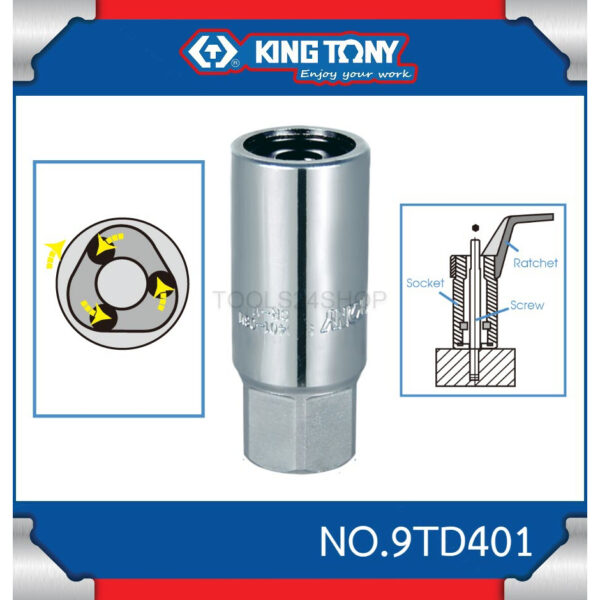 KING TONY ลูกบ๊อกยาว ถอดสตัด NO.9TD401 ยาว รู 1/2" : 1/2"DR. Roller Stud Extractor Socket (9TD401)