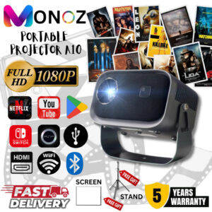 MONOZZ A10 โปรเจ็กเตอร์ 4k，มินิโปรเจคเตอร ความละเอียด 1080P แบบพกพา